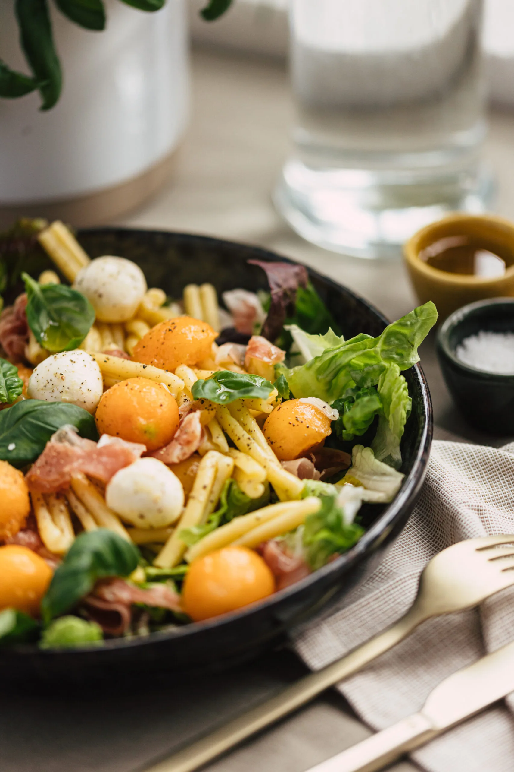 Casarecce melon, jambon Serrano et mozzarella
