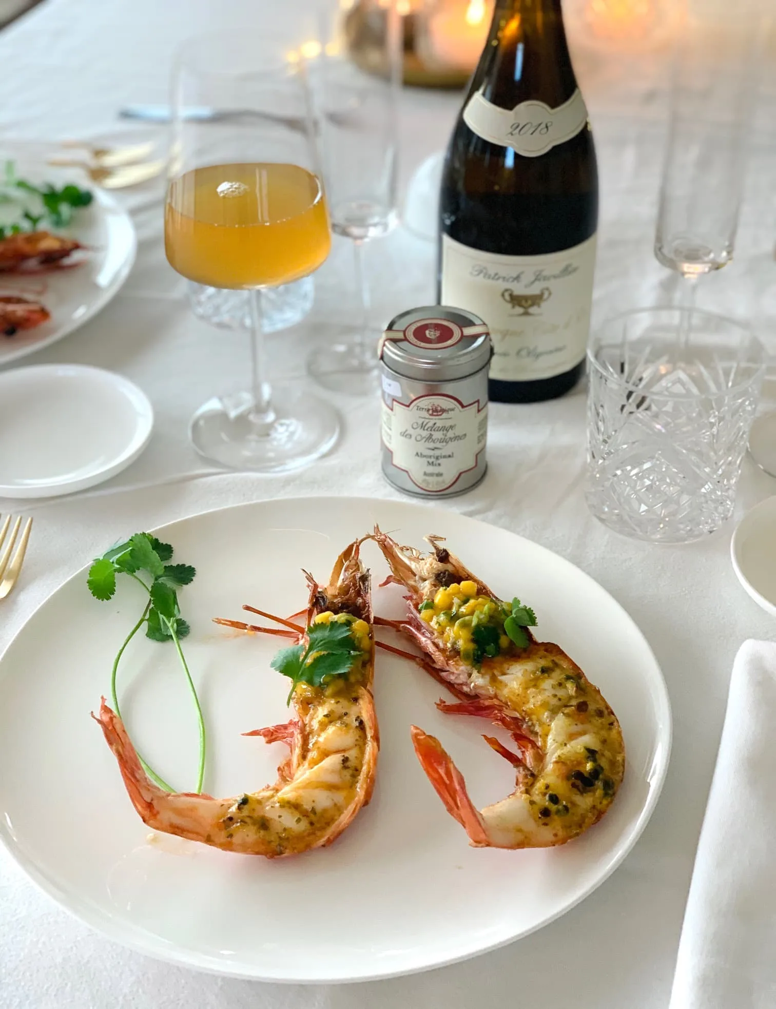 Gambas grillées au beurre corail / Condiment mangue passion