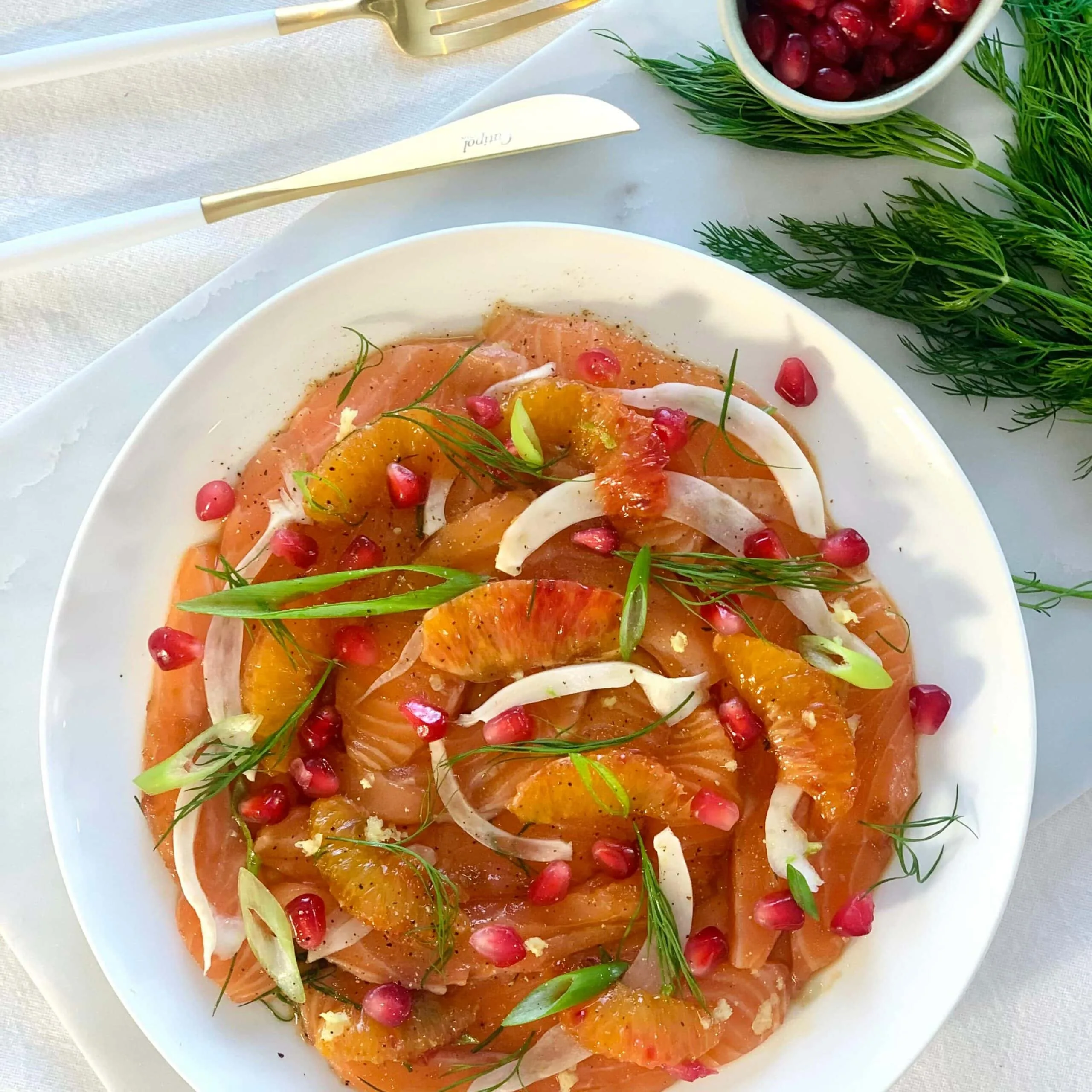 Carpaccio de saumon, fenouil, clémentines ou oranges sanguines