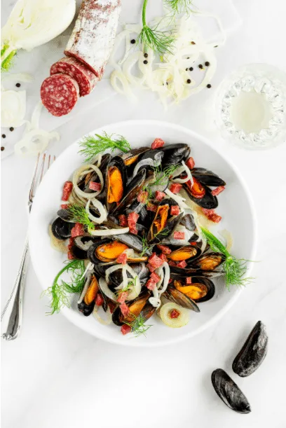 Moules aux Salamini Italiani alla Cacciatora AOP et fenouil