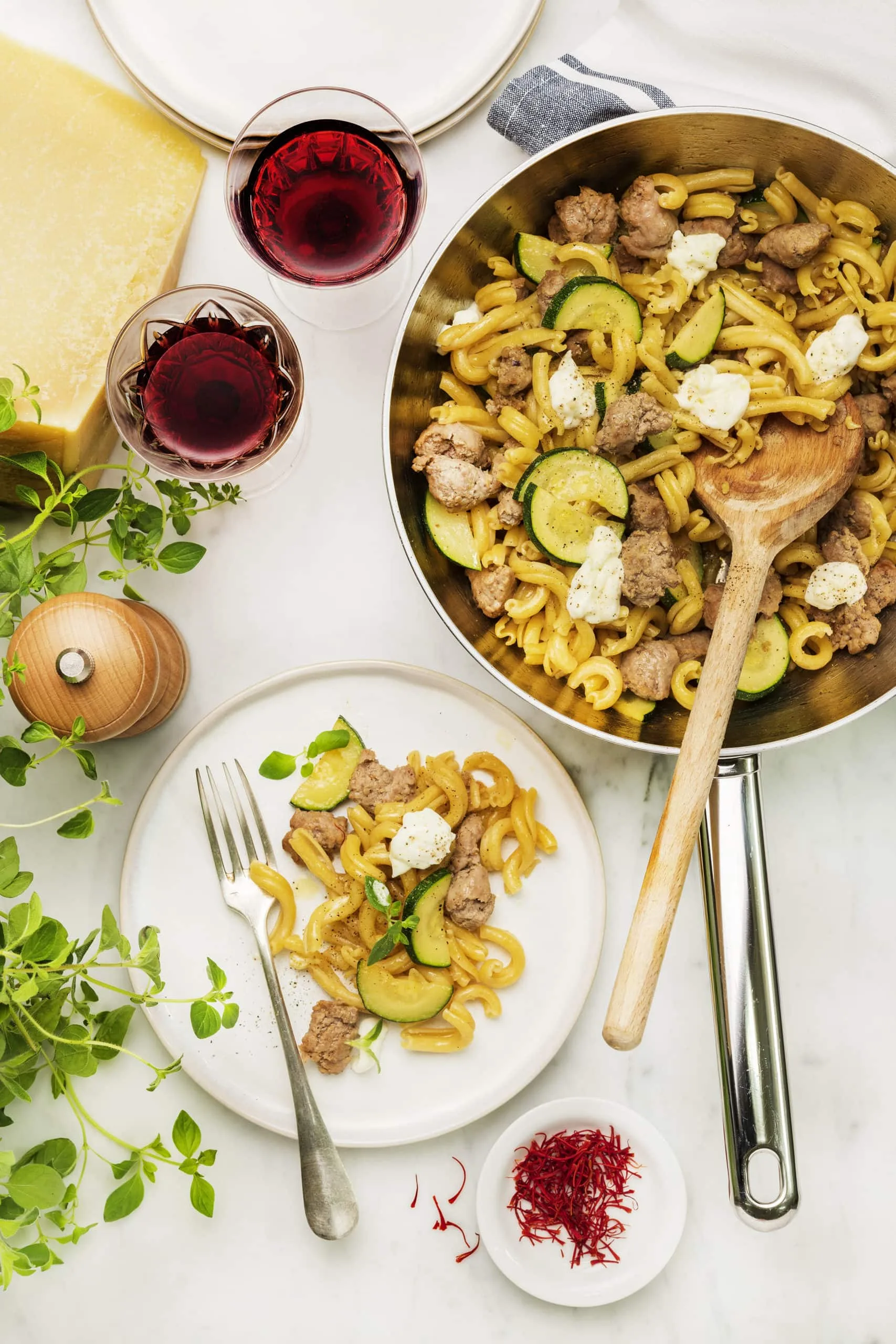Caserecce à la saucisse, courgette, mozzarella et safran