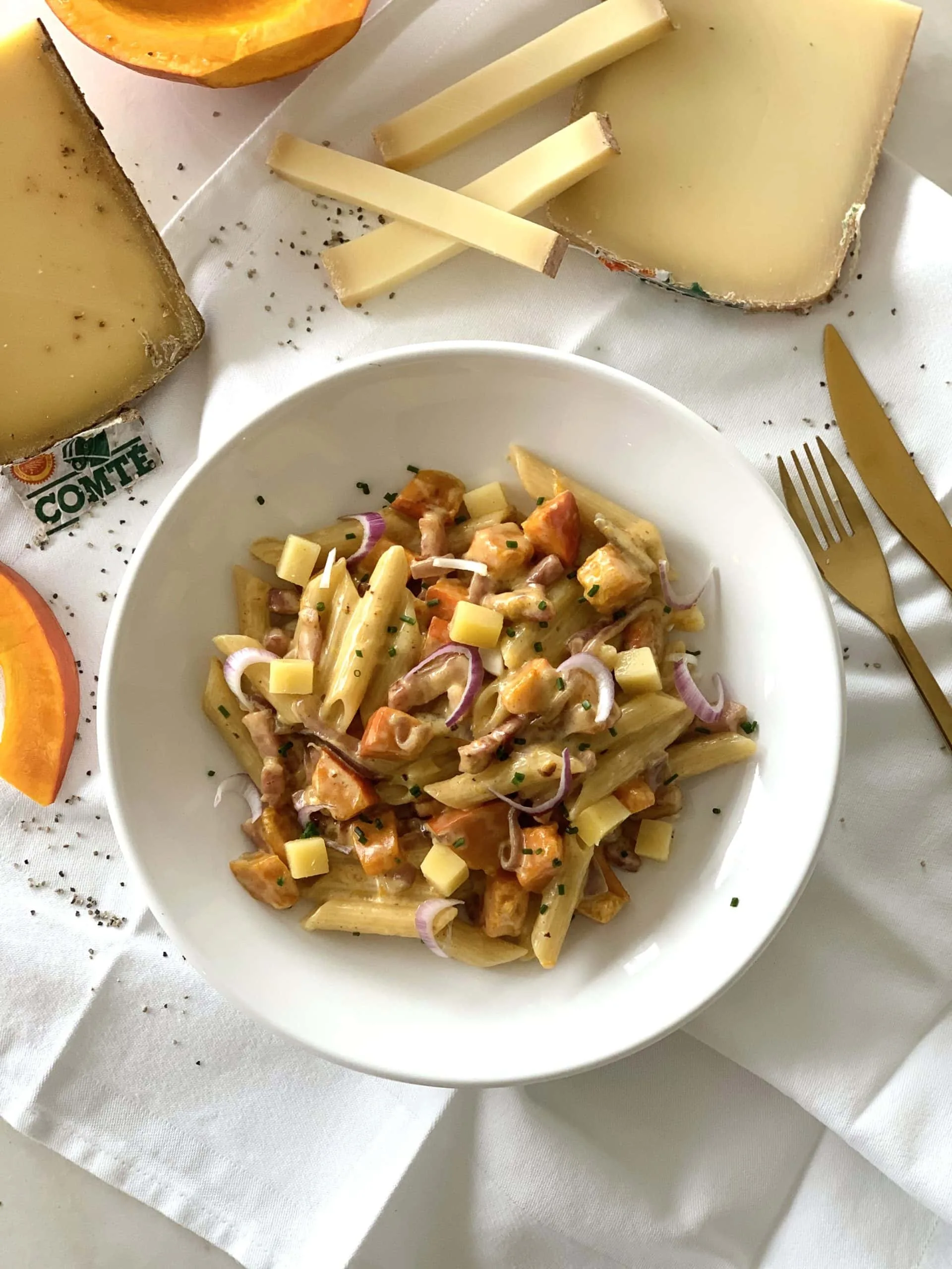 Penne Potimarron / Lardon et Comté vieux