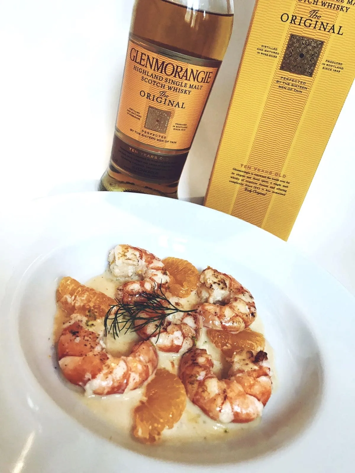 Scampis flambés au Glenmorangie et agrumes