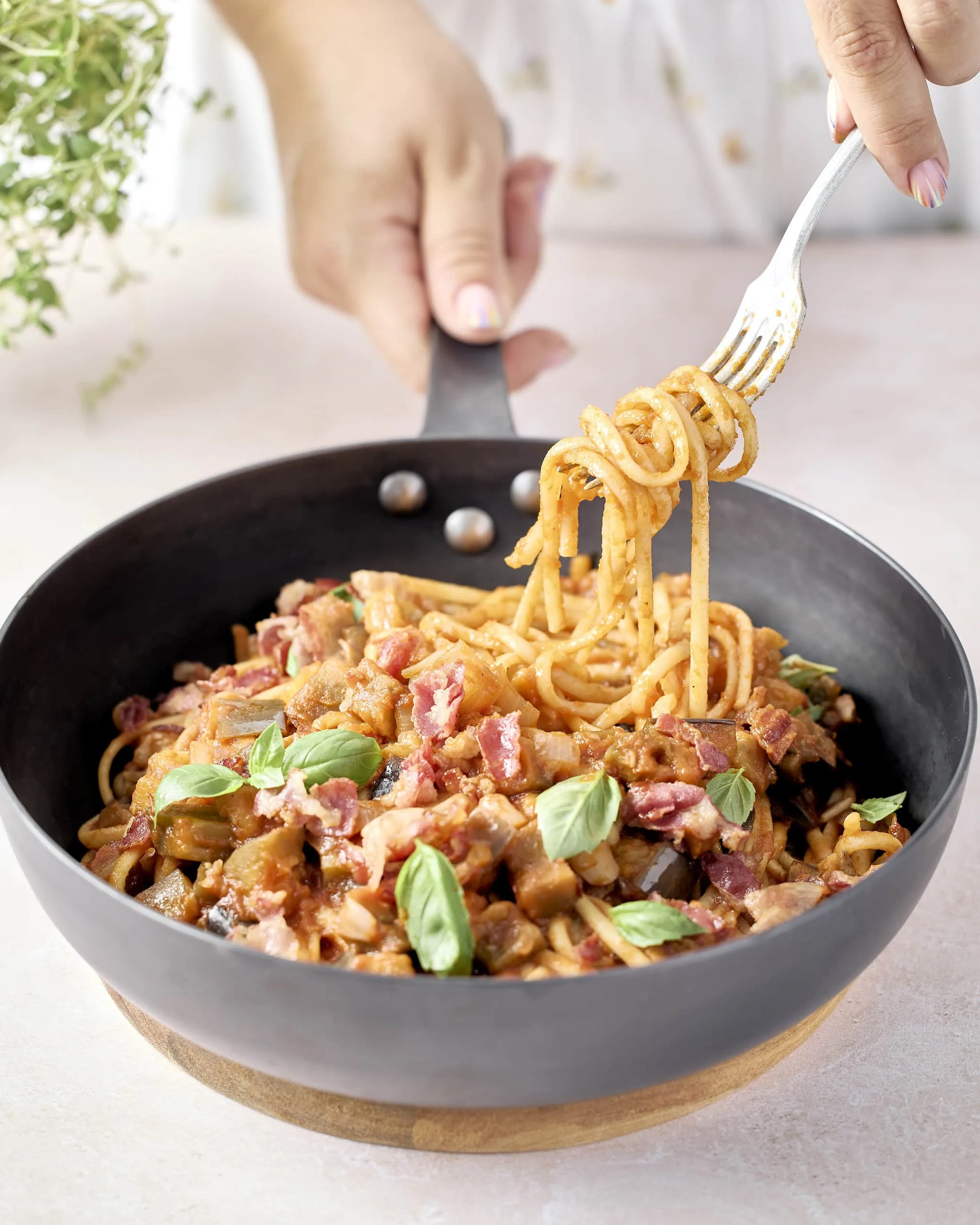 Linguine lardons et aubergine