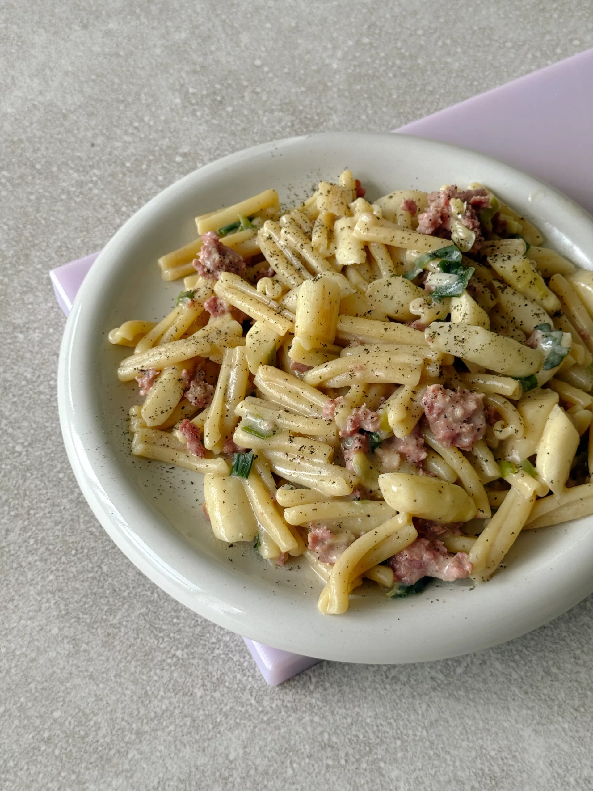 Casarecce asperges blanches & saucisse italienne.